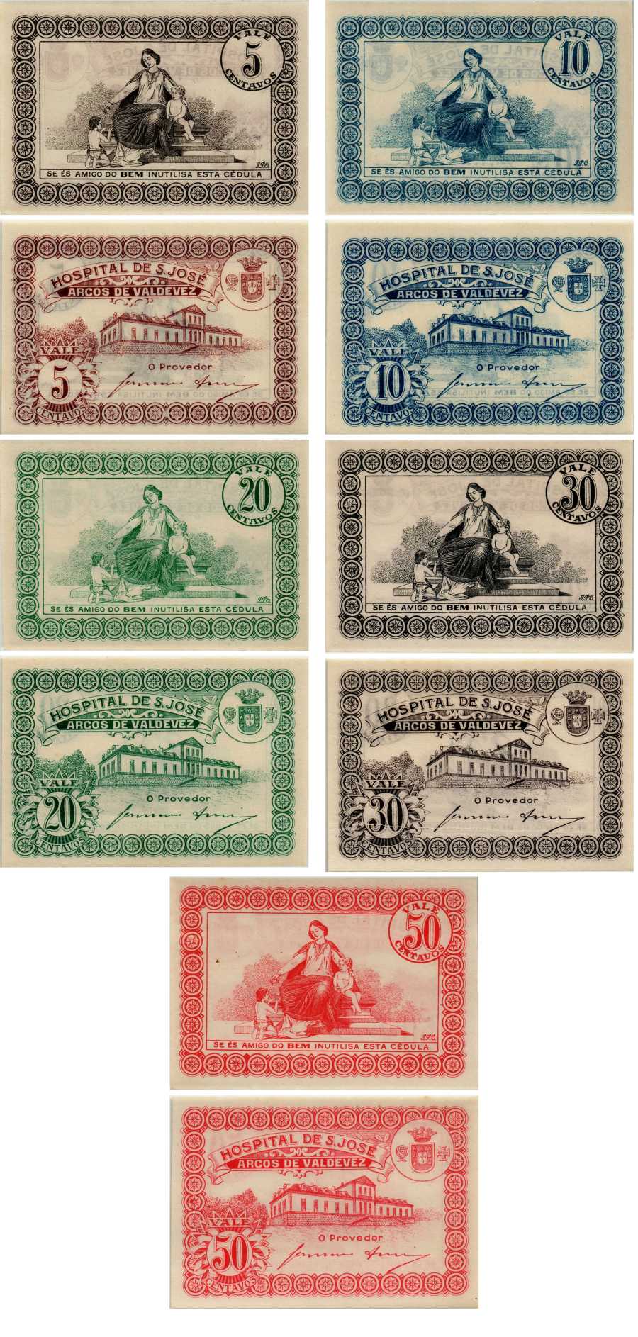 Португалия набор из 5 банкнот, 5, 10, 20, 30, 50 сентаво 1920 госпиталь Сан-Хосе, частный выпуск   бумага аUNC 450-37-2