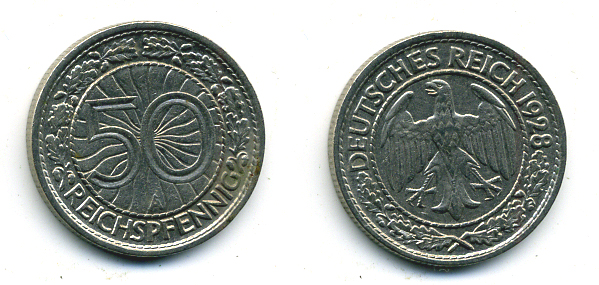 Германия 50 рейхспфеннигов 1928 A KM 49, J.324 никель 58-234