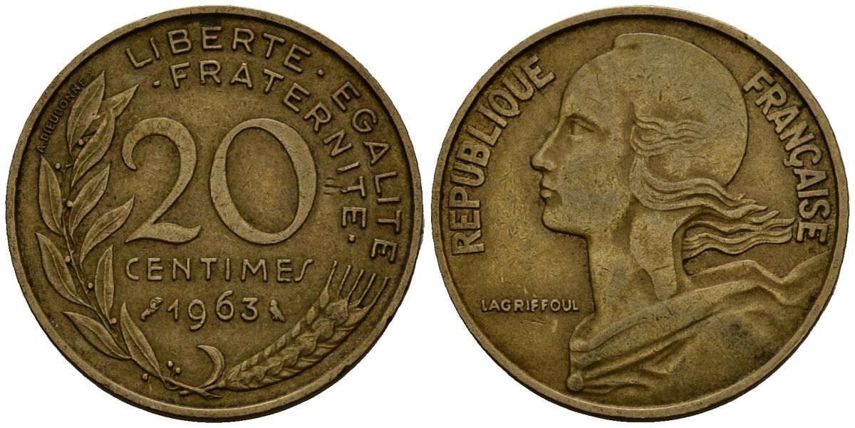 Франция 20 сантимов 1963 KM 930 алюминиевая бронза 4138-343