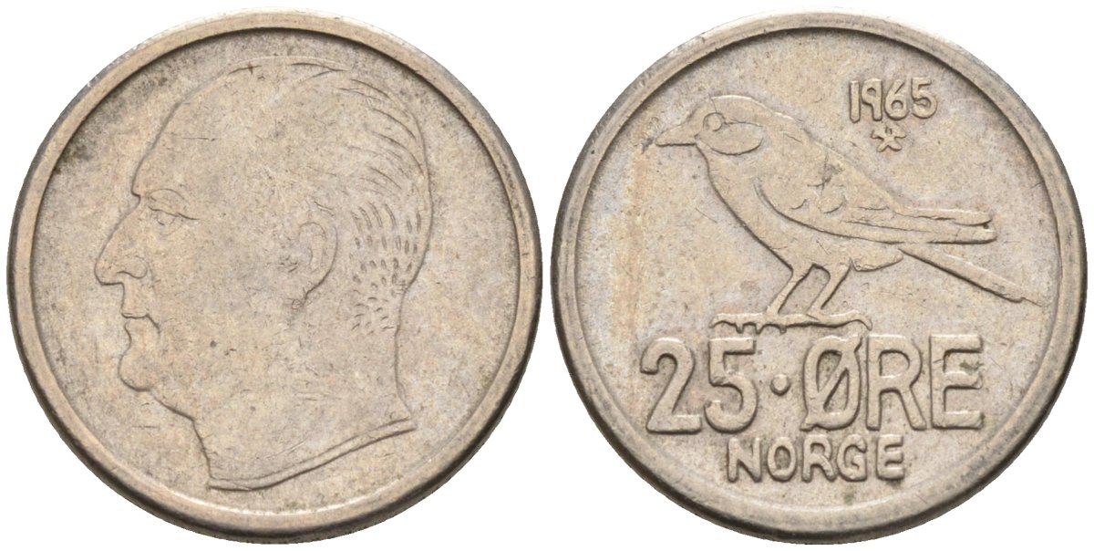 Норвегия 25 эре 1965 Улаф V (1958-1991), синица KM 407 медно-никель 4580-1034