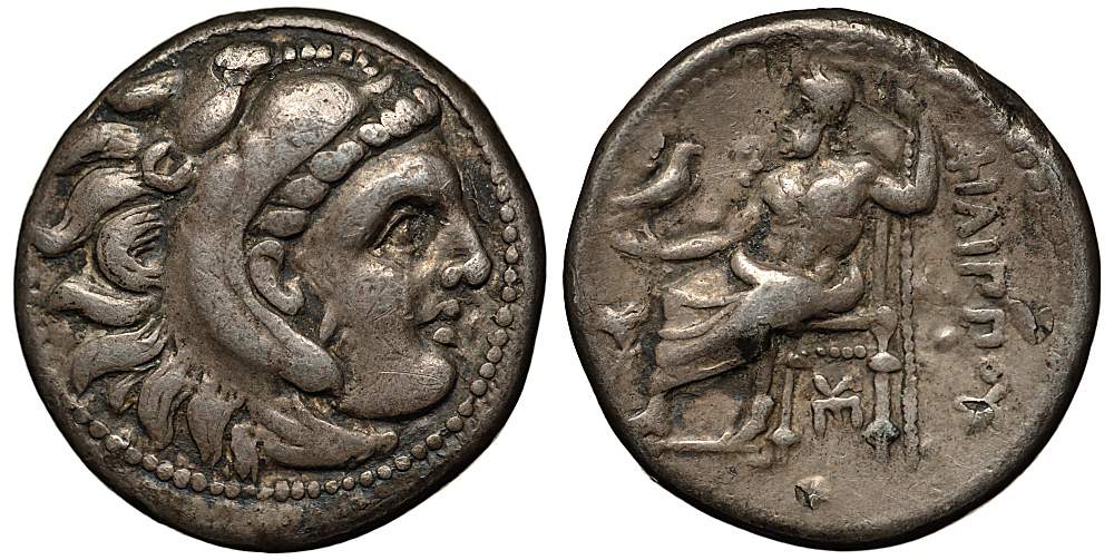 МАКЕДОНСКОЕ ЦАРСТВО ДРАХМА 323-316 гг. до н.э. ФИЛИПП III АРРИДЕЙ, ГОЛОВА АЛЕКСАНДРА ВЕЛИКОГО В ОБРАЗЕ ГЕРАКЛА / ЗЕВС НА ТРОНЕ, ДЕРЖАЩИЙ ОРЛА, СЛЕВА РОЗА, ГРЕЧЕСКАЯ ЛЕГЕНДА 'ФИЛИППА', ГОРОД САРДЫ, 4,20 гр Price P66 серебро 1073-11-91