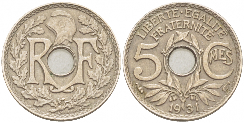 Франция 5 сантимов 1931 тип Линдайё KM 875, Le Franc 122.14 медно-никель 3309-1019