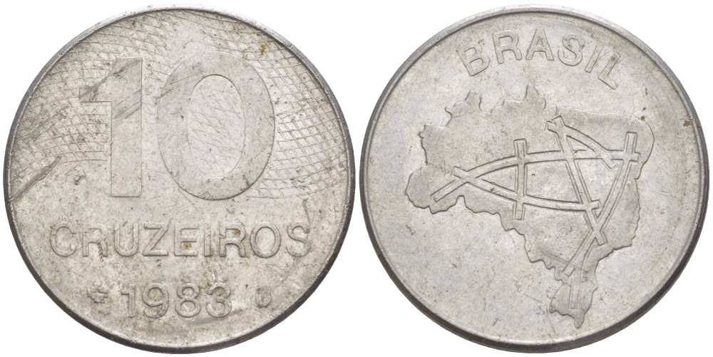 Бразилия 10 крузейро 1983 карта Бразилии KM 592.1 нержавеющая сталь 4388-237