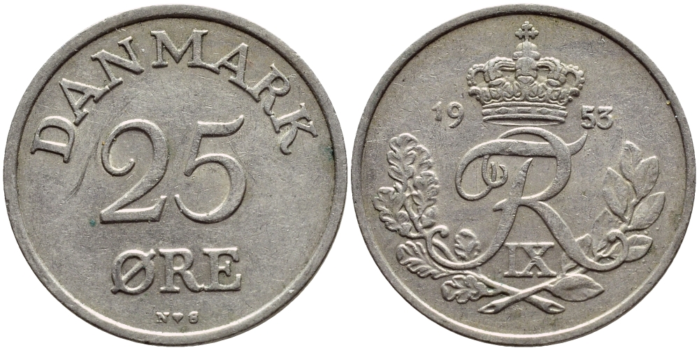 Дания 25 эре 1953 N; S, Фредерик IX (1947-1972) KM 842 медно-никель 4398-934