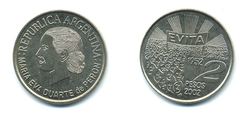 Аргентина 2 песо 2002 Мария Эва Дуарте де Перон KM 135 медно-никель UNC 37-836