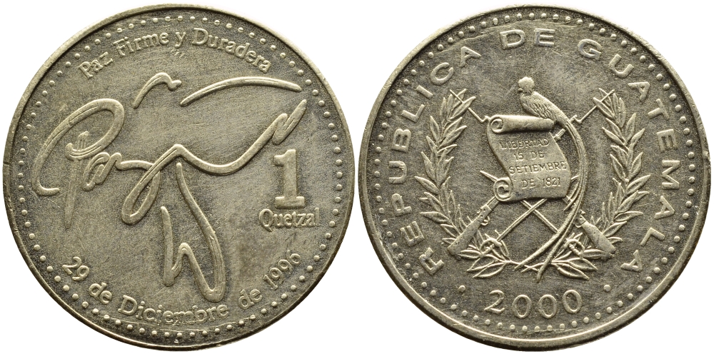 Гватемала 1 кетсаль 2000 маленькие буквы KM 284 латунь 4389-441