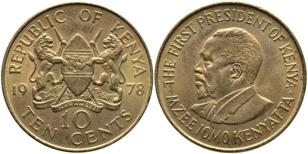 Кения 10 центов 1978 Джомо Кениата KM 11 никель латунь 4526-1131