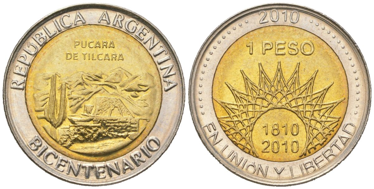Аргентина 1 песо 2010 200 лет Аргентине - развалины крепости Пукара около г. Тилькара KM 159 биметалл UNC 4620-646