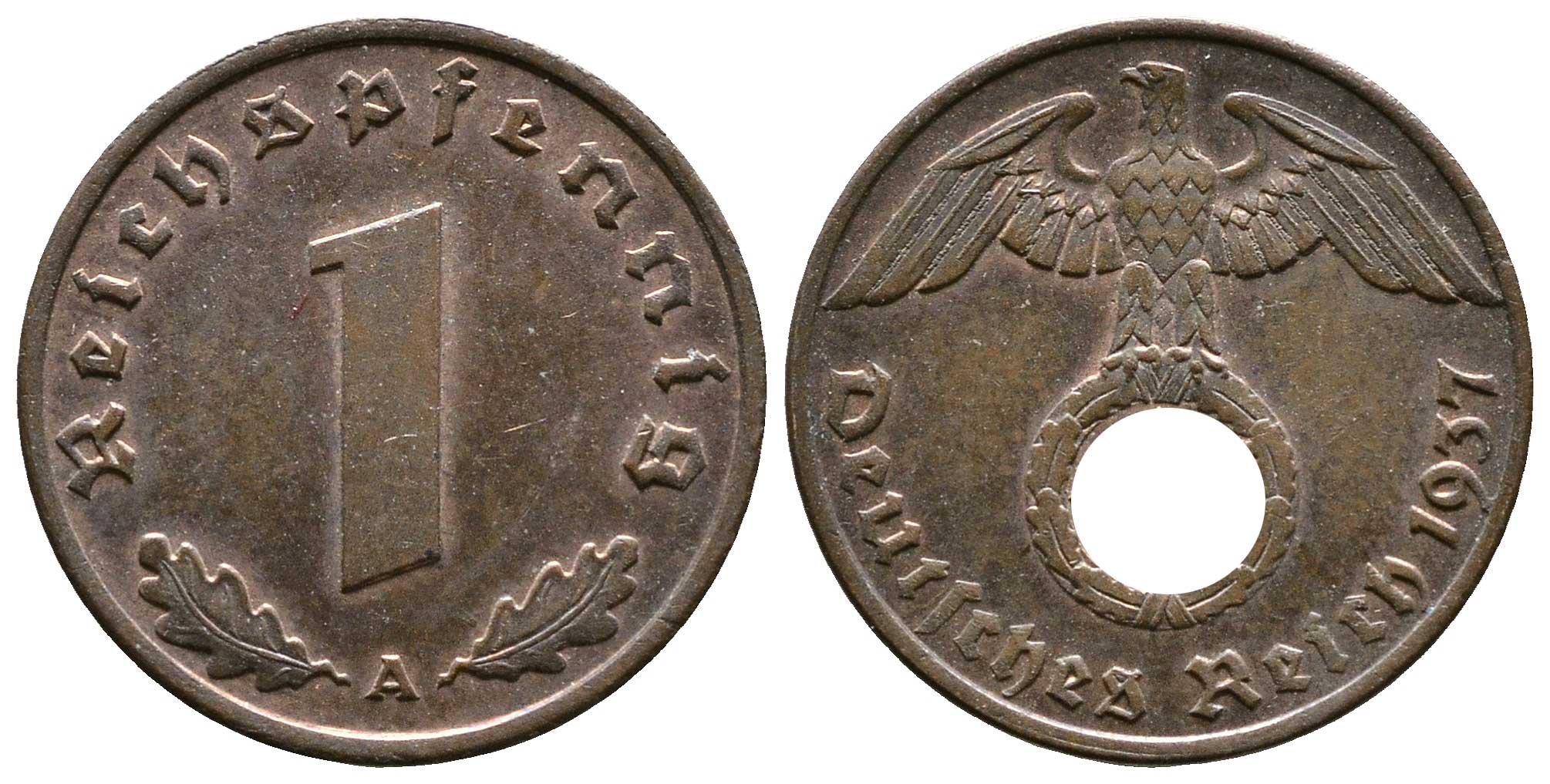 Германия 1 рейхспфенниг 1937 A KM 89, J. 361 бронза    220-212
