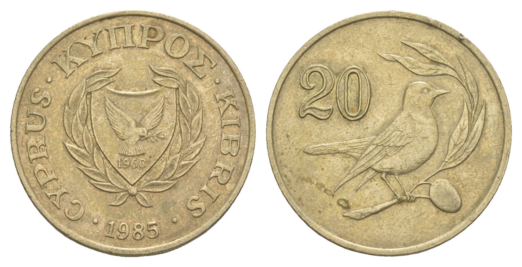 Кипр 20 центов 1985 птичка KM 57.2 никель латунь 4652-347