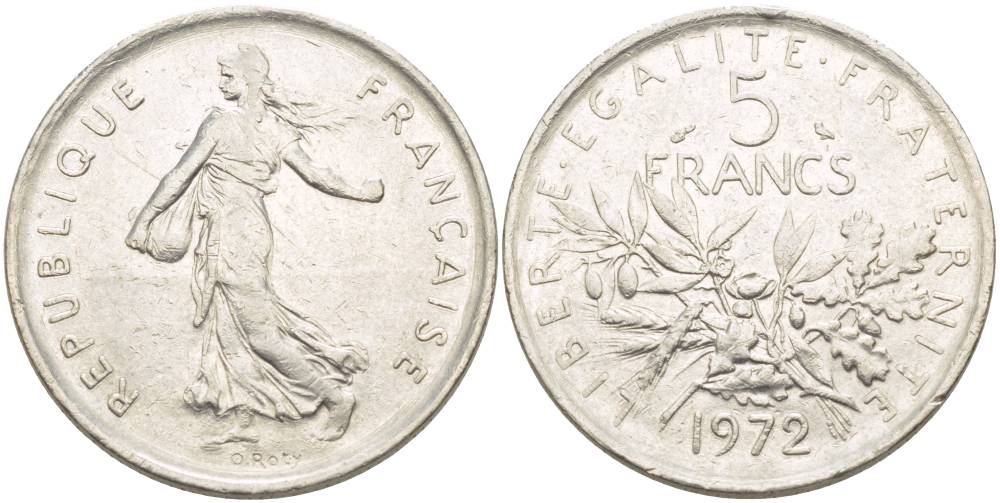 ФРАНЦИЯ 5 ФРАНКОВ 1972 СЕЯТЕЛЬ KM 926a.1, LE FRANC 341.4 медно-никель плакированный никелем 4185-333