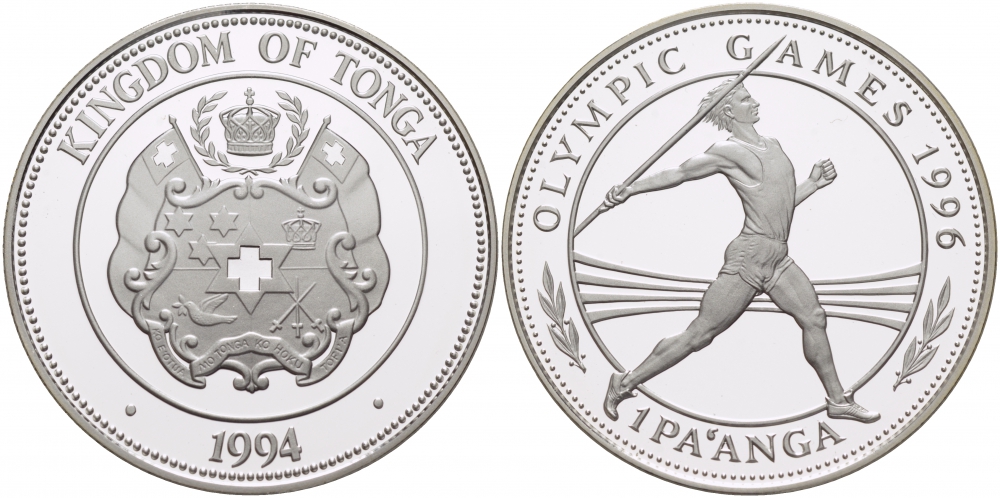 Тонга 1 паанга 1994 XXVI Олимпийские игры 1996 года в Атланте, копьеметатель KM 159 серебро PROOF 11-136-33