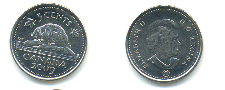 КАНАДА 5 ЦЕНТОВ 2009 БОБЕР KM 491 сталь плакированная никелем 177-1311