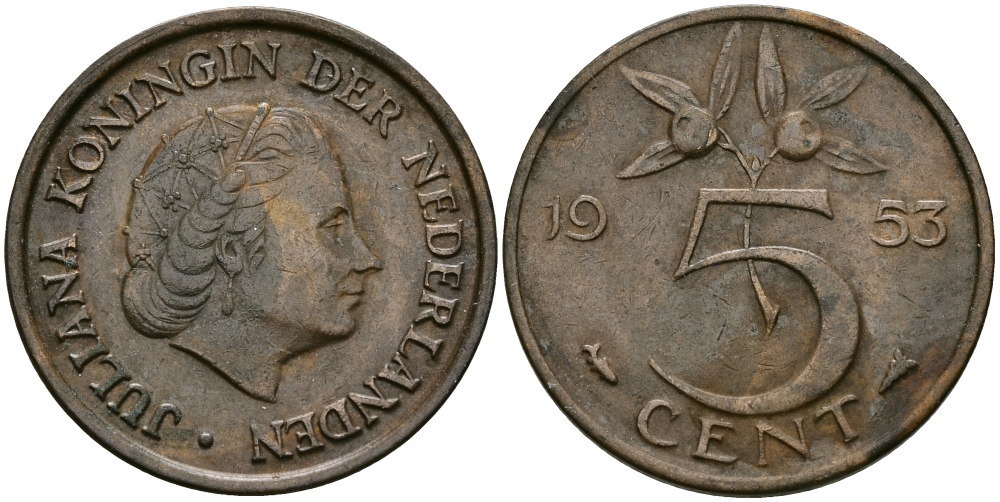 Нидерланды 5 центов 1953 Юлиана (1948-1980) KM 181 бронза 95-257