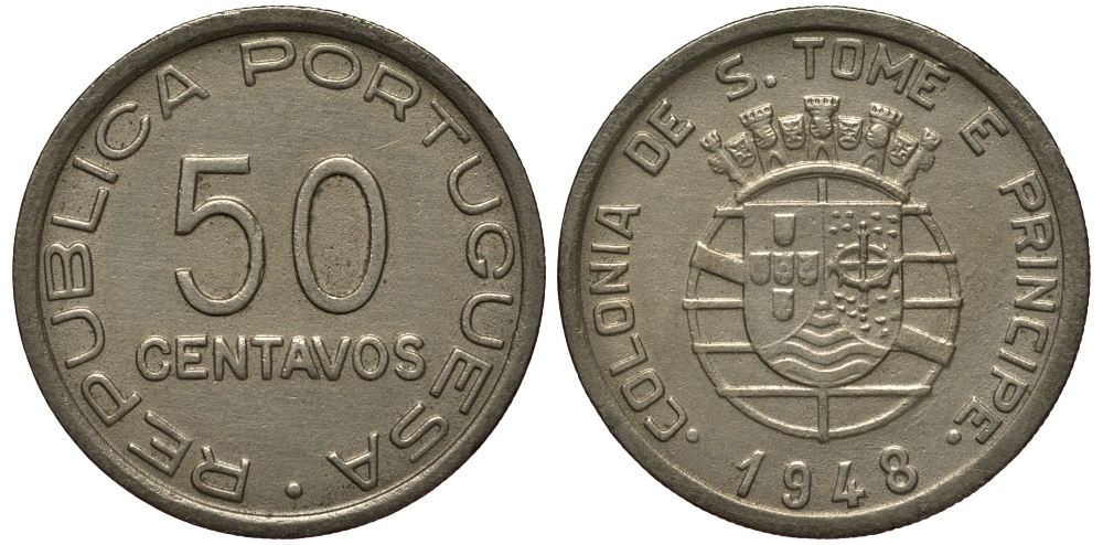 Португальское Сан-Томе и Принсипи 50 сентаво 1948 год тип KM 8 никель бронза 00-00