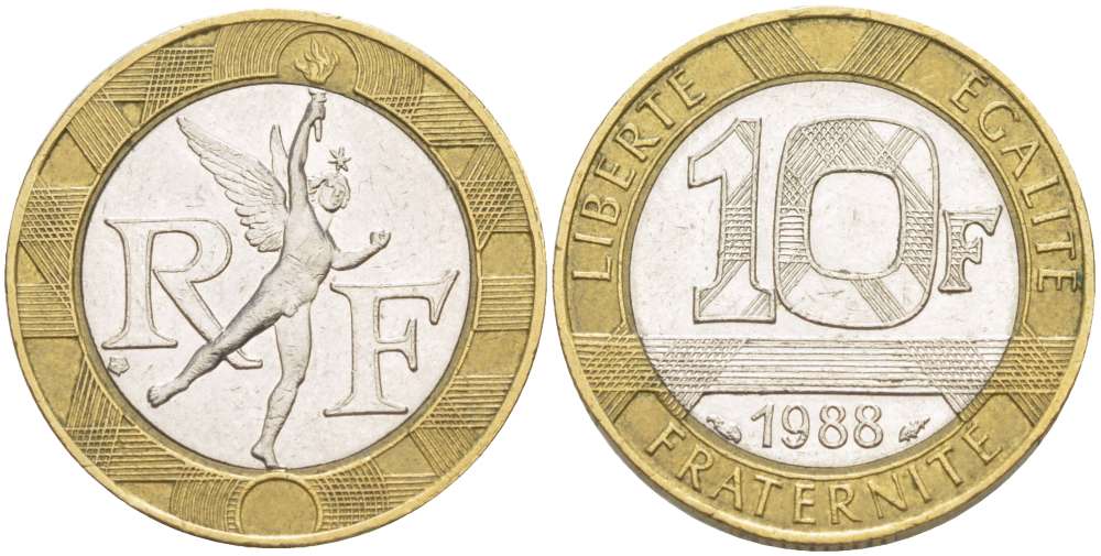 Франция 10 франков 1988 тип Гений Бастилии KM 964.1, Le Frank 375.2 биметалл 4519-846