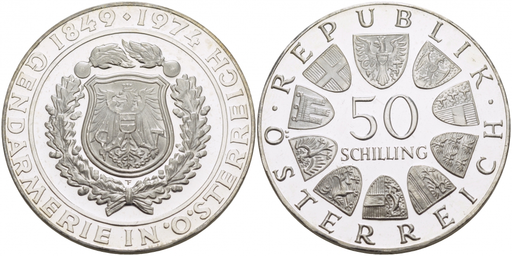 Австрия 50 шиллингов 1974 125 лет Австрийской полиции KM 2920 серебро PROOF 11-140-24