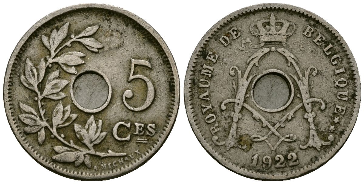 Бельгия  5 сантимов 1922 Belgique KM 66 медно-никель 4582-1211