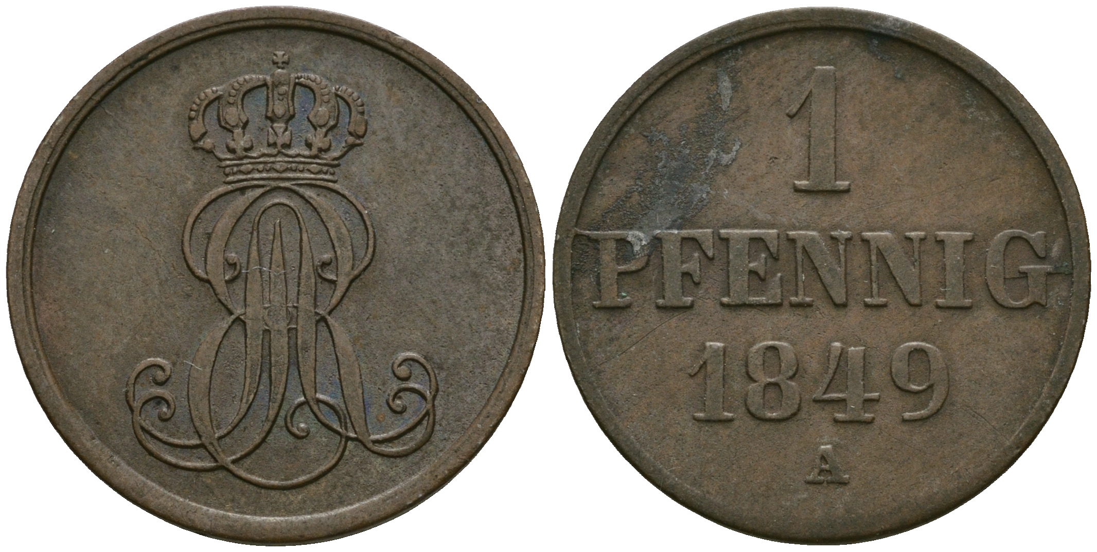 Ганновер 1 пфенниг 1849 A, Эрнст Август (1837-1851) KM 201.2, AKS 130, J. 74 медь 4608-1052