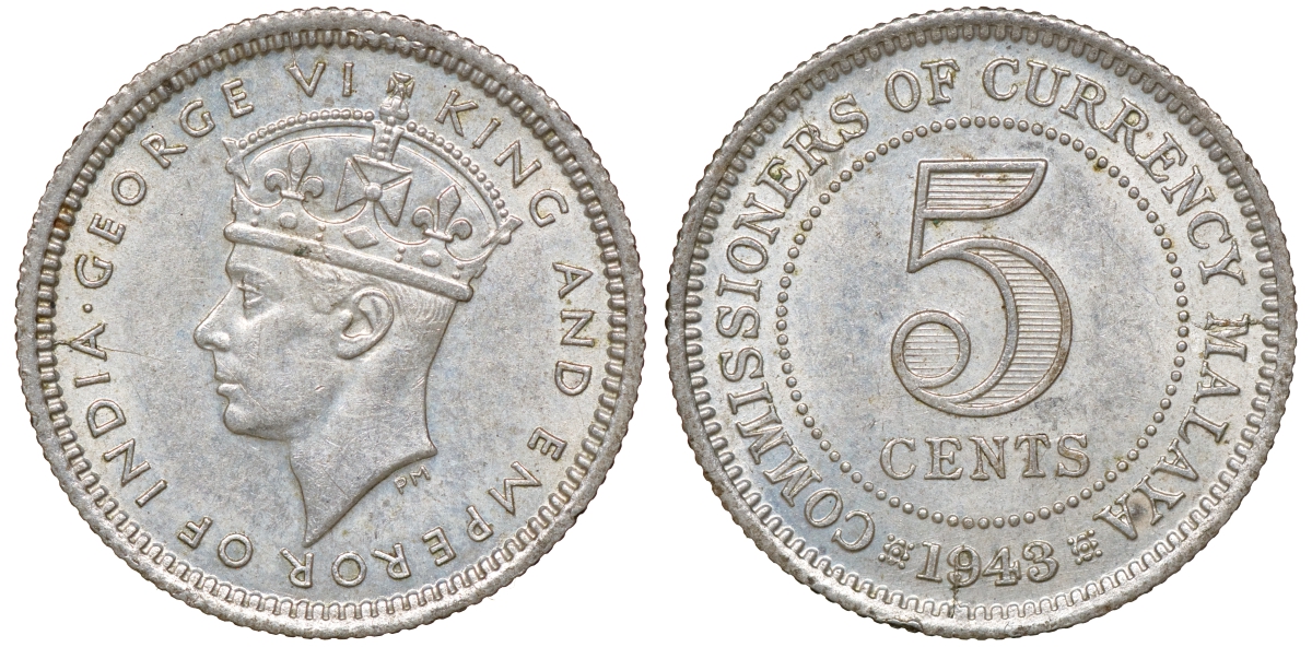 Британская Малайя 5 центов 1943 Георг VI (1937-1952) KM 3a серебро 53-158