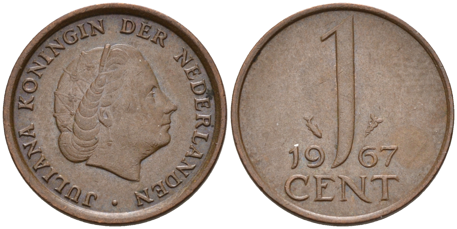 Нидерланды 1 цент 1967 Юлиана (1948-1980) КМ 180 бронза    4602-461