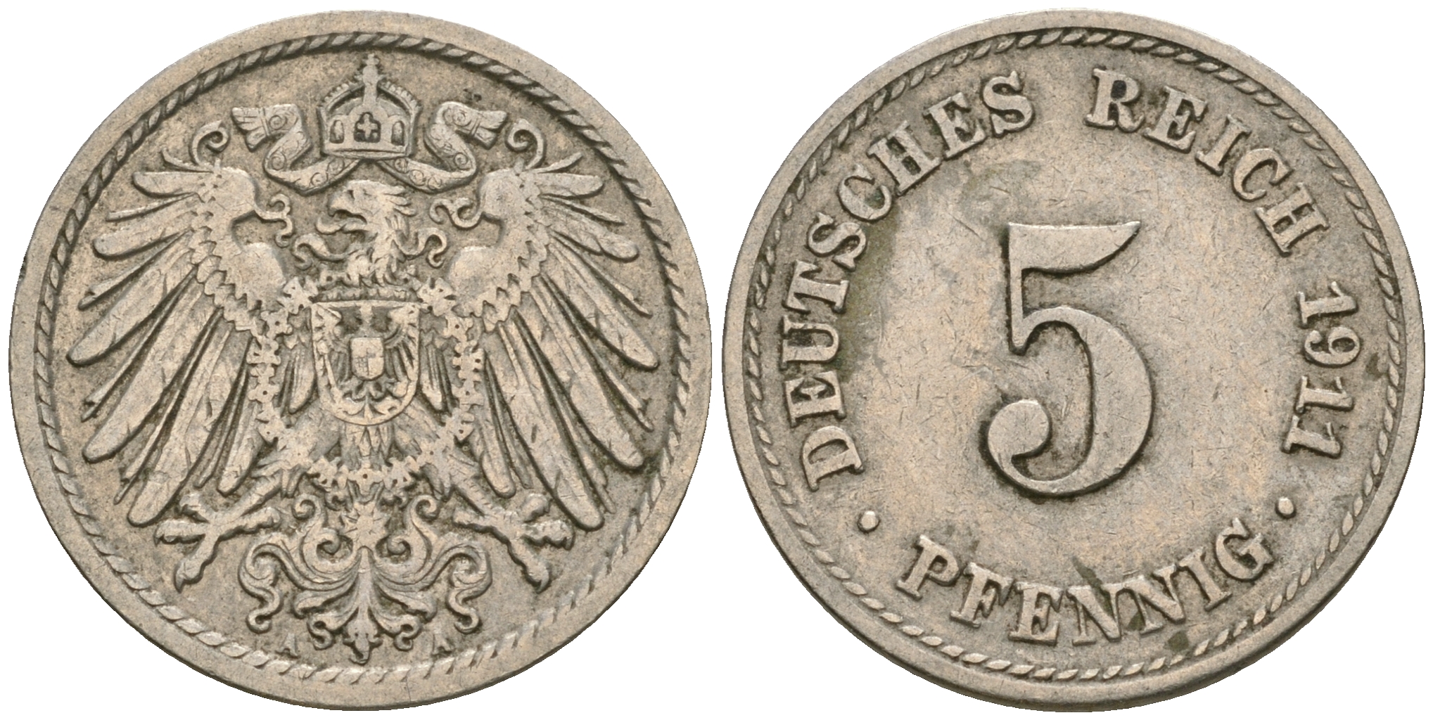 Германия 5 пфеннигов 1911 A KM 11, J. 12, Weege 6 медно-никель 4608-946