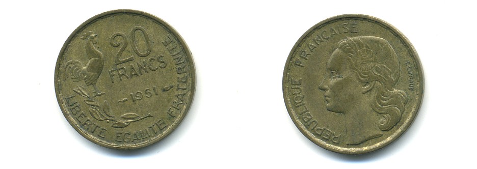 ФРАНЦИЯ 20 ФРАНКОВ 1951 ПЕТУХ, 4 ПЕРА KM 917.1, LE FRANC 402.7 алюминивая бронза 80-656