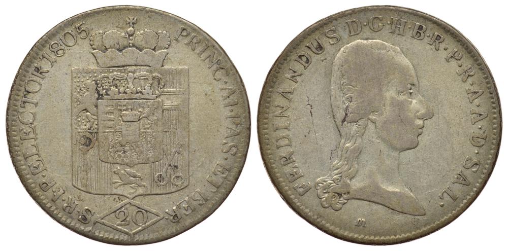 Австрия, Зальцбург 20 крейцеров 1805 М, Фердинанд III (великий герцог Тосканский) (1803-1806) KM 496, HZ 3412, Pr 2610 серебро 1522-741