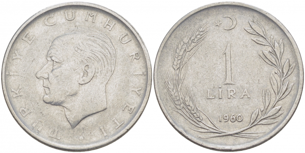 Турция 1 лира 1960 Мустафа Кемаль Ататюрк KM 889а.1 нержавеющая сталь 4529-1247