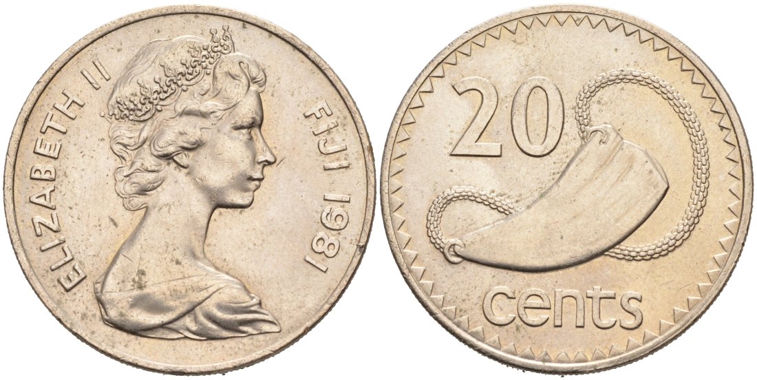 Фиджи 20 центов 1981 Елизавета II (1952-2022), китовый зуб KM 31 медно-никель 4565-443