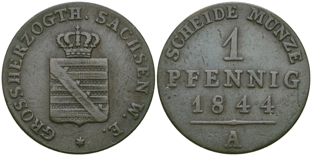 Саксен-Веймар-Эйзенах 1 пфенниг 1844 А, Карл Фридрих Саксен-Веймар-Эйзенахский (1828-1853) KM 81, Jaeger 527, AKS 31 медь    99-562
