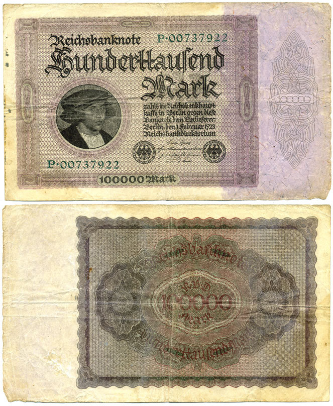 Германия 100000 марок 1923 Георг Гизе, без T под портретом, 8 цифр в номере Pick 83 a, Розенберг 82 а бумага 7553-26-1-2