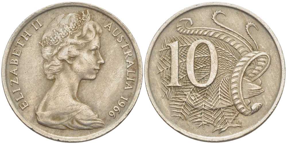 Австралия 10 центов 1966 Елизавета II (1952-), птица лирахвост KM 65 медно-никель 4382-922