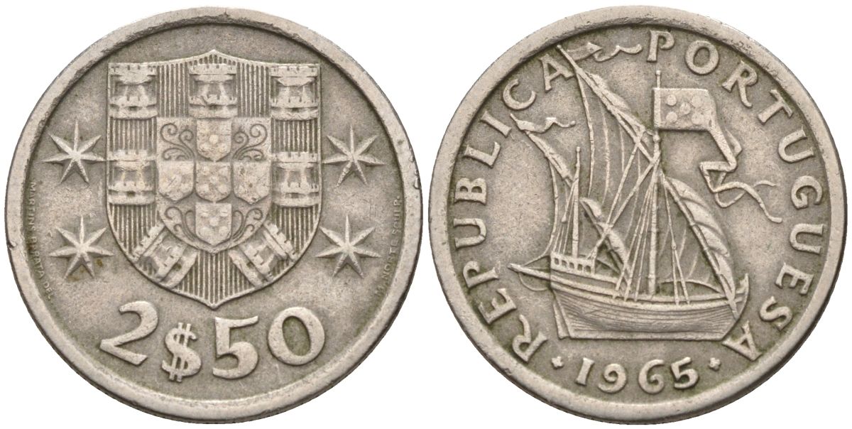 Португалия 2,5 эскудо 1965 парусник KM 590 медно-никель 4152-612