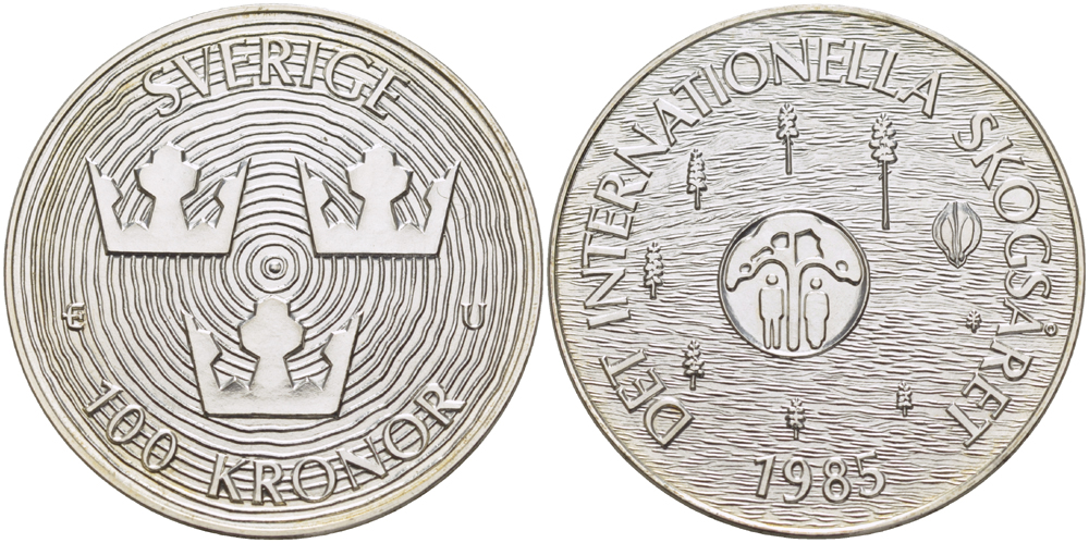 Швеция 100 крон 1985 Карл XVI Густав (1973- ), Международный год защиты лесов KM 866 серебро BUNC 1072-4-23