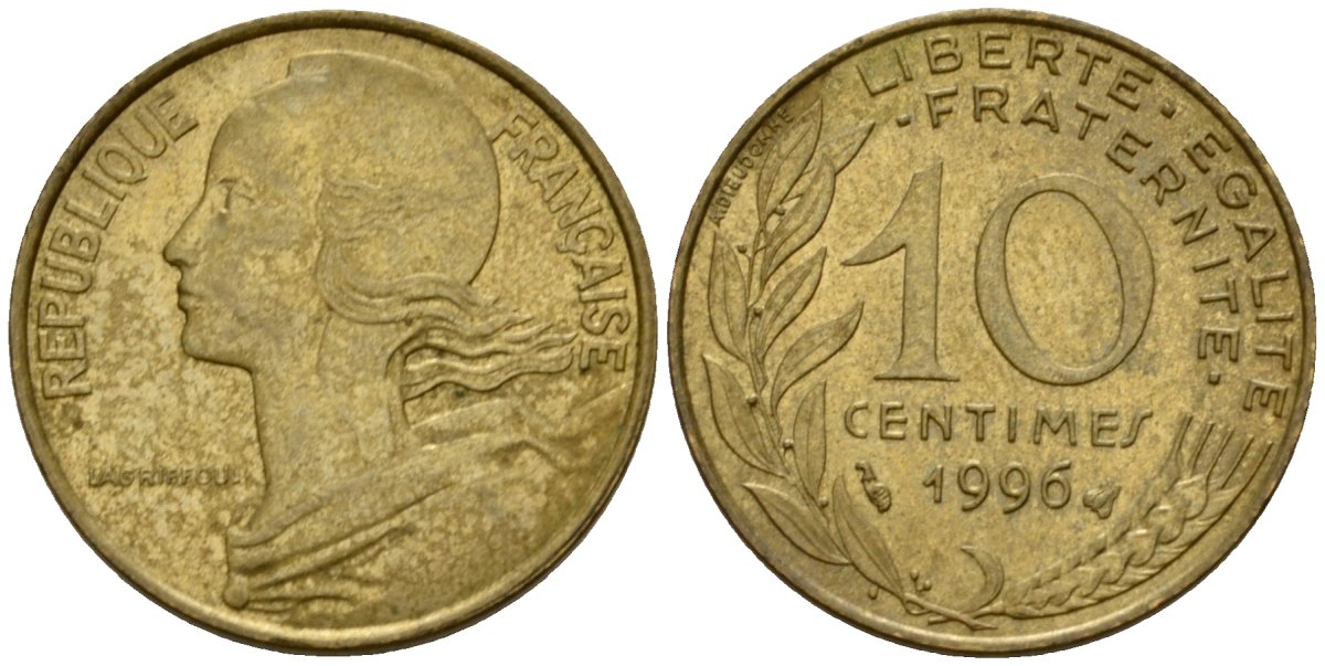 Франция 10 сантимов 1996 тип Marianne KM 929 алюминиевая бронза 4390-912