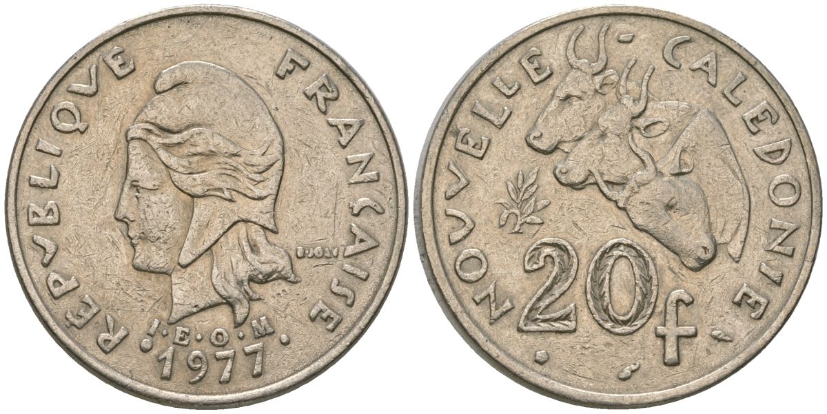 Французская Новая Каледония 20 франков 1977 три быка, (IEOM) KM 12, Schoen 14, Lec 107 никель 4120-412
