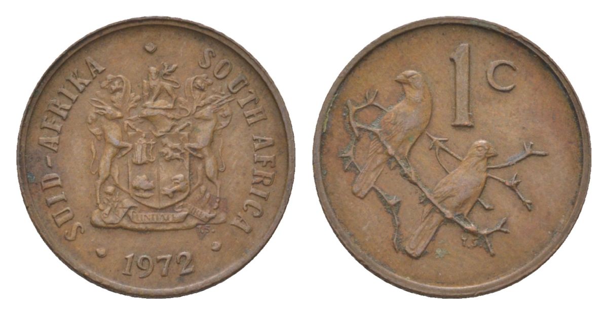 ЮАР 1 цент 1972 герб, капские воробьи KM 82 бронза 4627-158