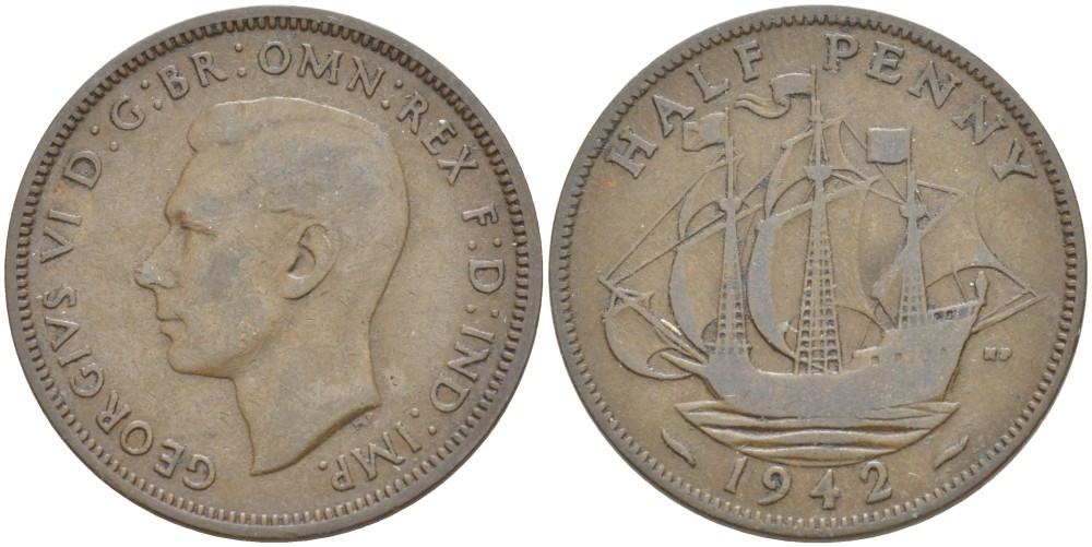 Великобритания 1/2 пенни 1942 Георг VI (1936-1952) KM 844, Spink 4115 бронза 4538-237