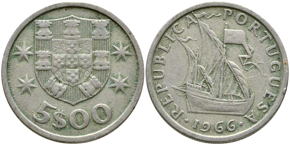 Португалия 5 эскудо 1966 парусник KM 591 медно-никель 4388-457