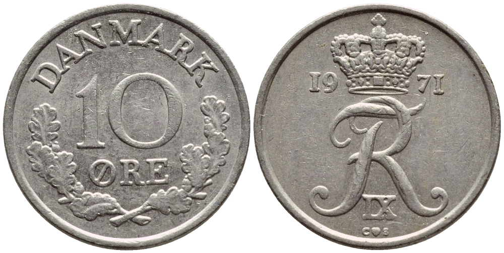 ДАНИЯ 10 ЭРЕ 1971 C; S, ФРЕДЕРИК IX (1947-1972) KM 849.1 медно-никель 4398-926