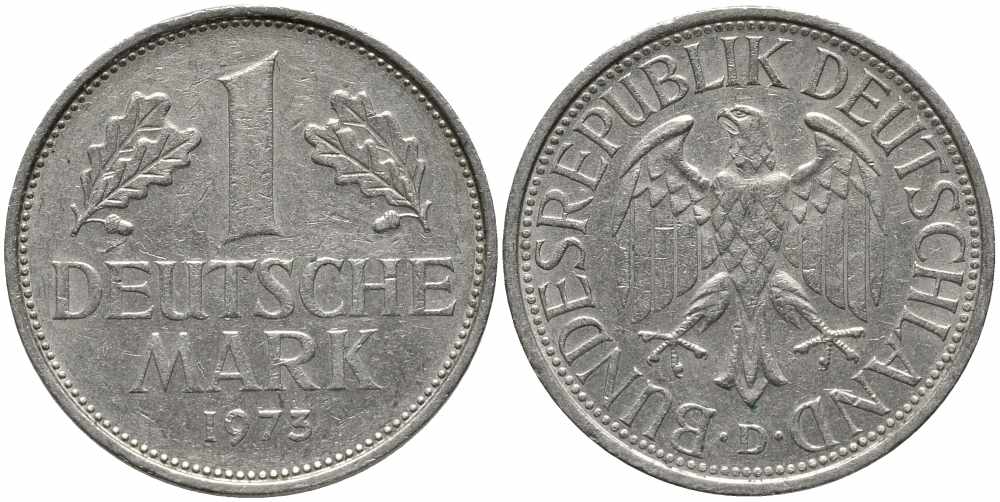 ФРГ 1 МАРКА 1973 D KM 110, J. 385 медно-никель 113-215