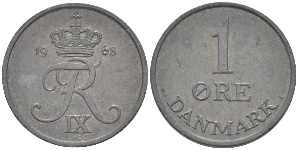 Дания 1 эре 1968 С; S, Фредерик IX (1947-1972) KM 839.2 цинк 4387-613