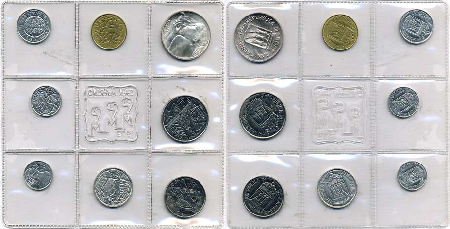 Сан-Марино годовой набор из 8 монет 1973 1, 2, 5, 10, 20, 50, 100 и 500 лир ребёнок держит голубя KM 22-29, в оригинальной пластиковой запайке серебро KM MS2 серебро UNC 5-4-3-43