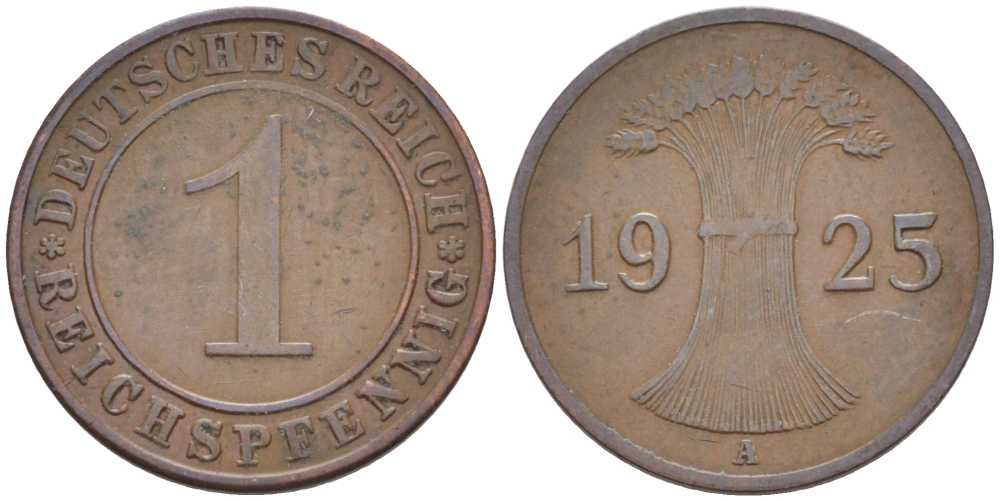 ГЕРМАНИЯ 1 РЕЙХСПФЕННИГ 1925 A KM 37, J. 313 бронза 112-1128