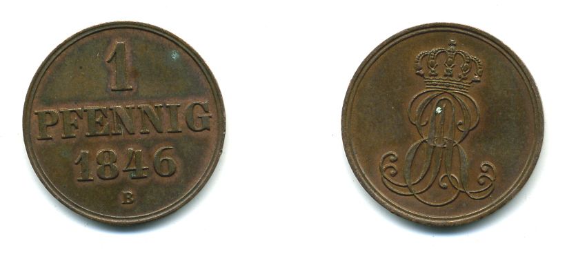 Ганновер 1 пфенниг 1846 B, Эрнст Август (1837-1851) KM 201.1, AKS 129, J. 74 медь 35-852