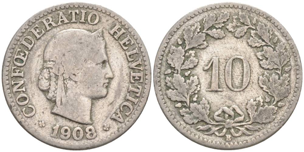 ШВЕЙЦАРИЯ 10 РАППЕНОВ 1908 В KM 27 медно-никель 96-1132
