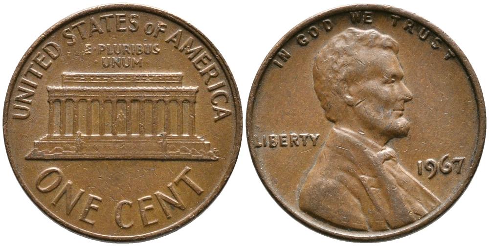 США 1 ЦЕНТ 1967 ЛИНКОЛЬН KM 201 медь цинк 4549-757
