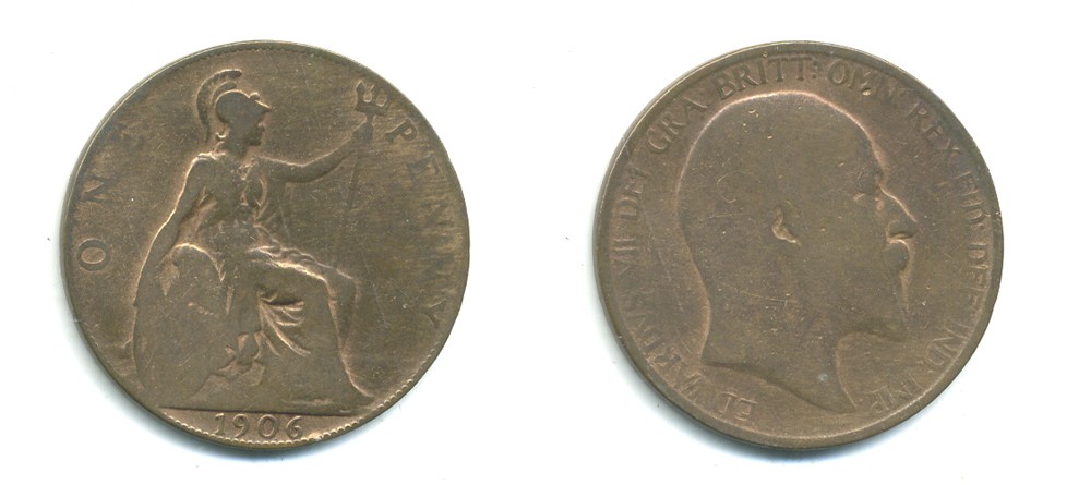 Великобритания 1 пенни 1906 Эдуард VII (1901-1910) KM 794.2, Spink 3990 бронза 47-825