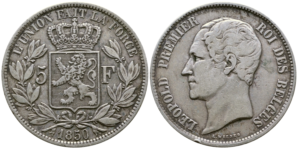 Бельгия 5 франков 1850 Леопольд I (1831-1865) KM 17 серебро 74-1134